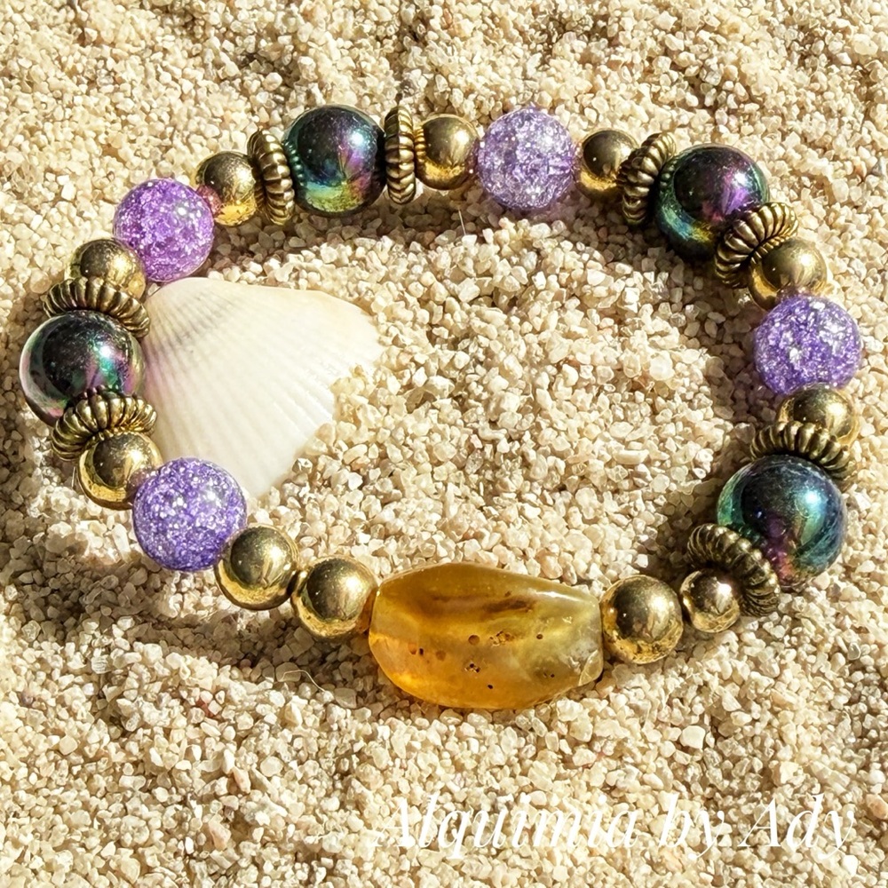 BOHO SPRING + Purple  QUARTZ & CARNELIAN Stretch Bracelet with Gold Accents